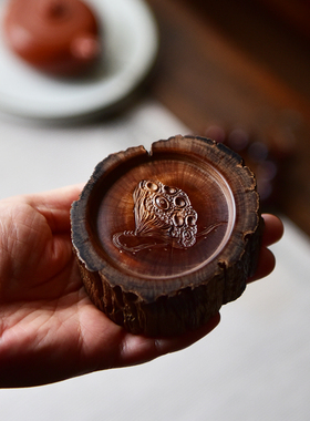 手工雕刻莲蓬风化老蚬木盖置 杯托 古旧天然实木壶托杯垫壶盖座座