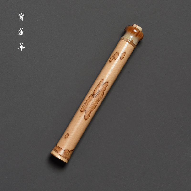 天然蝴蝶斑竹节镶花牛角盖短香筒 线香筒茶玩香收纳盒 茶道香道配