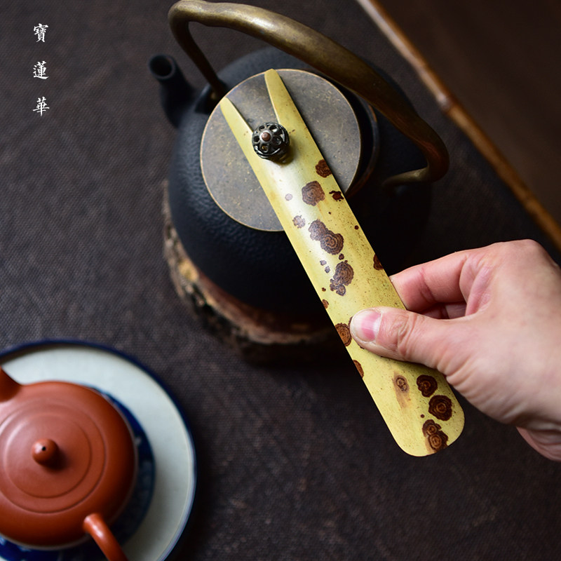 云妃竹壶盖叉 宝莲华特选花纹 云南湘妃竹子插铁壶叉夹斑竹老竹叉