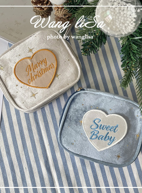 可爱圣诞爱心化妆包女小巧便携收纳包刺绣装饰高颜值