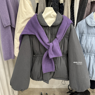 娃娃领系带泡芙羽绒服女冬氛围感褶皱小个子短外套90白鸭绒面包服