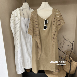 露背亚麻背心+针织披肩两件套夏季新品宽松显瘦中长款叠穿衬衫女