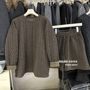 韩系复古麻花套装女冬装新品简约圆领休闲上衣+松紧腰短裤两件套