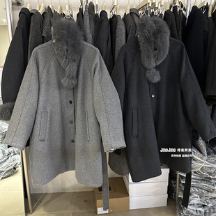 高级感狐狸毛领50羊毛呢大衣冬保暖90白鸭绒内胆中长款外套羽绒服