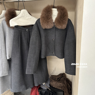 羽绒套装 两件套冬季 八分阔腿裤 狐狸毛领90%白鸭绒内胆毛呢短外套