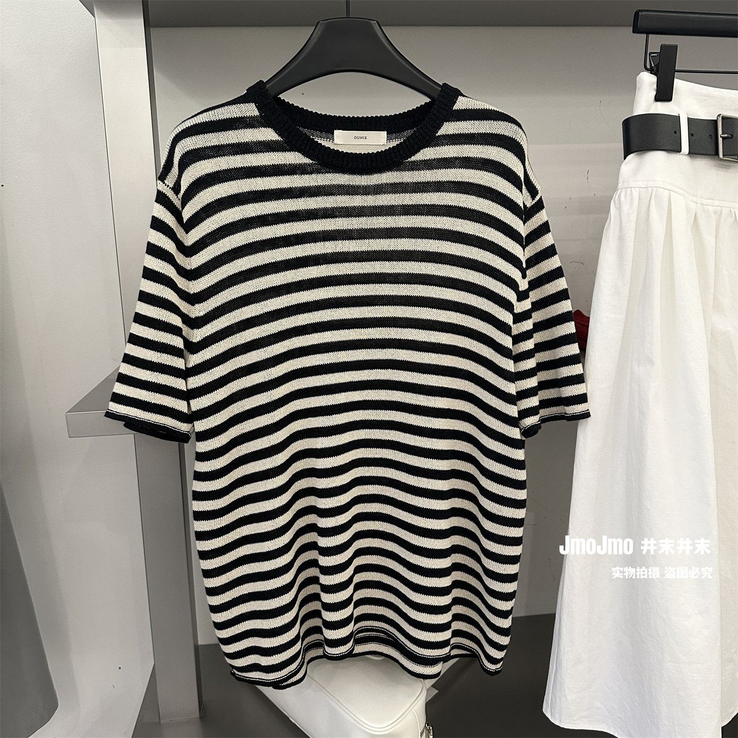 韩系简约黑白条纹短袖针织衫女春夏新品圆领宽松休闲上衣气质T恤