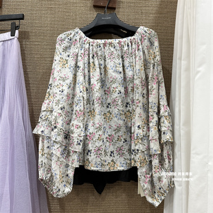 上衣气质一字肩小衫 法式 宽松显瘦蝙蝠袖 女春新品 复古碎花波点衬衫