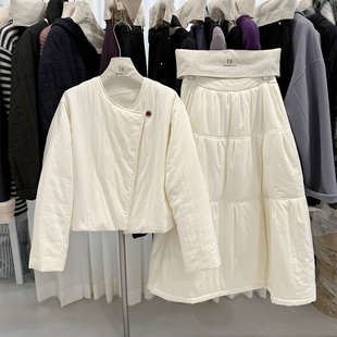 拼接棉裙两件套 设计感短外套 奶fufu斜襟一粒扣棉服套装 女冬新品