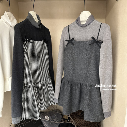 含50羊毛蝴蝶结毛呢荷叶边连衣裙