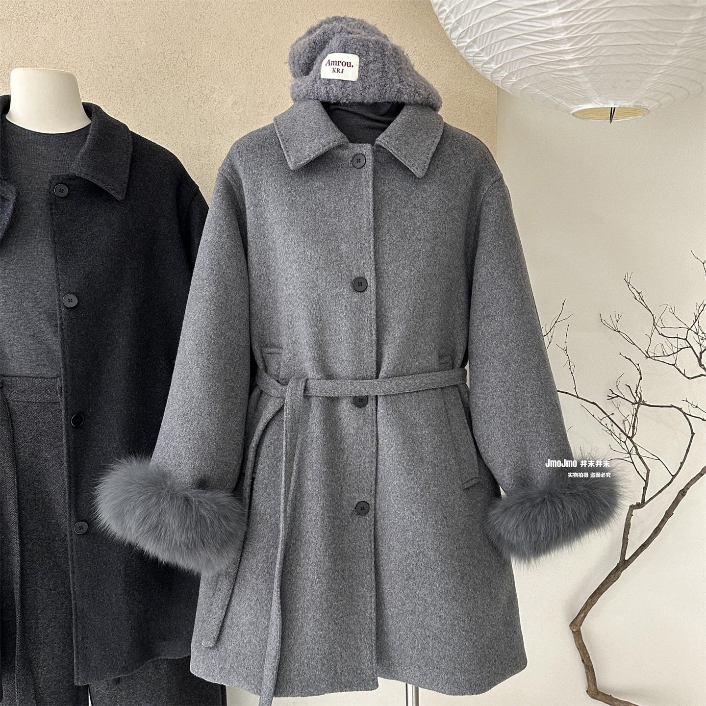 羽绒内胆袖口狐狸毛50羊毛呢外套