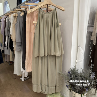 韩系褶皱挂脖吊带+灯笼裤两件套女夏季新品显瘦娃娃衫纸片人套装