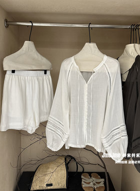 别致设计苎麻系带衬衫+短裤套装