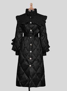 气质羽绒服小众设计衣服黑色收腰中长款白鸭绒加厚修身中长羽绒服