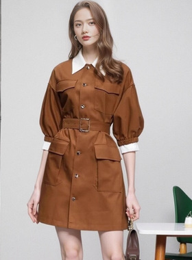 春夏新款时尚撞色翻领工装风口袋设计系带收腰衬衫式连衣裙短裙