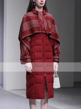 冬季拼接披风式收腰直筒羽绒服轻奢系带设计粗花呢二合一时尚外套