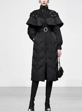 气质羽绒服设计小众衣服黑色收腰中长款白鸭绒加厚修身中长羽绒服