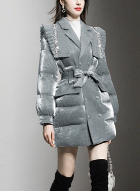 冬季女装新款灰色收腰中长款白鸭绒羽绒服时尚加厚面包服外套