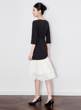 轻奢优雅设计感不规则荷叶边拼接收腰修身连衣裙礼服洋气高贵长裙