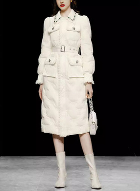 冬装新款女装米色泡泡袖中长款白鸭绒羽绒服加厚中长款收腰过膝