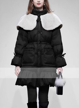 冬季新款女可取毛毛领灯笼袖收腰A字荷叶边白鸭绒羽绒服外套