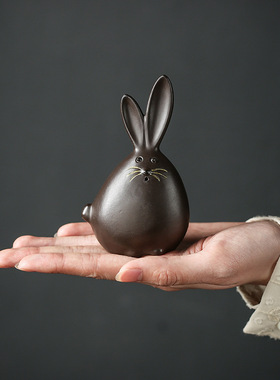 宇轩茶宠紫砂可养可爱小兔子雕塑呆萌生肖兔茶玩茶盘家居装饰摆件