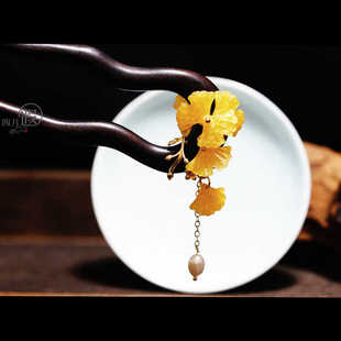 四月遐原创 银杏叶双面u型簪短款淡水珍珠流苏古风发簪盘发发量少