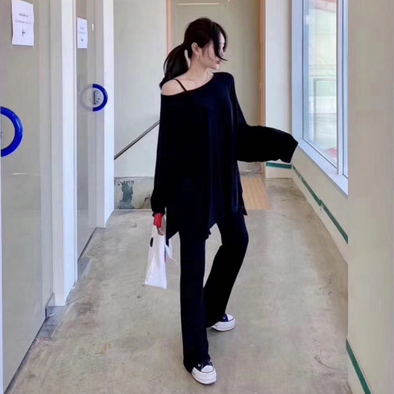莫代尔休闲套装女洋气宽松微喇裤气质垂感露肩时尚两件套黑色夏季