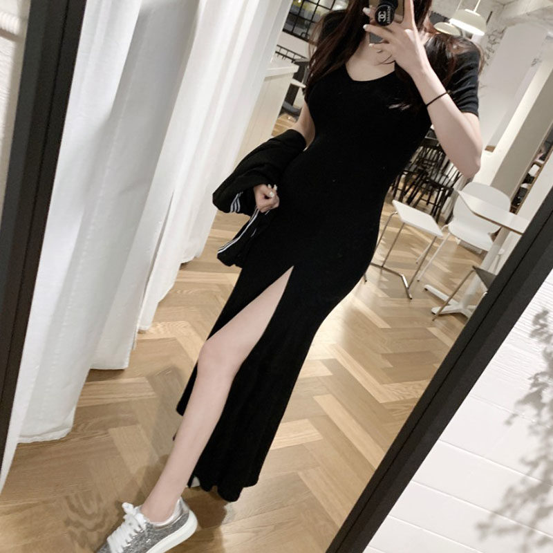 短袖连衣裙女装薄款莫代尔2026新款气质显瘦开叉包臀连身裙子性感