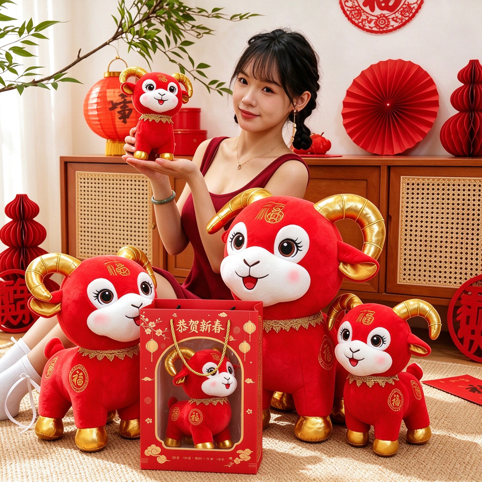 2027羊年吉祥物公仔全福羊生肖羊玩偶活动礼物毛绒玩具批发春节喜