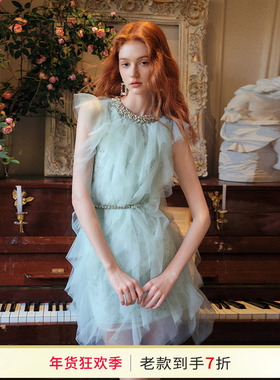 CEE CUBED薄荷绿重工轻纱小礼服千层荷叶边无袖连衣裙