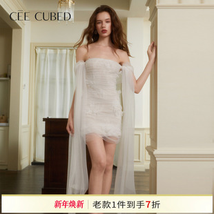 蕾丝立体花朵飘纱抹胸包臀连衣裙2025早秋新款 CEE CUBED白色修身