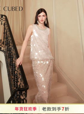 CEE CUBED雾粉透明亮片手缝钻饰无袖上衣半身裙女2025年春夏新款