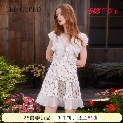 ELLIGIOI浪漫小花缎面感拼接雪纺荷叶边抽褶连衣裙女2026夏季新款