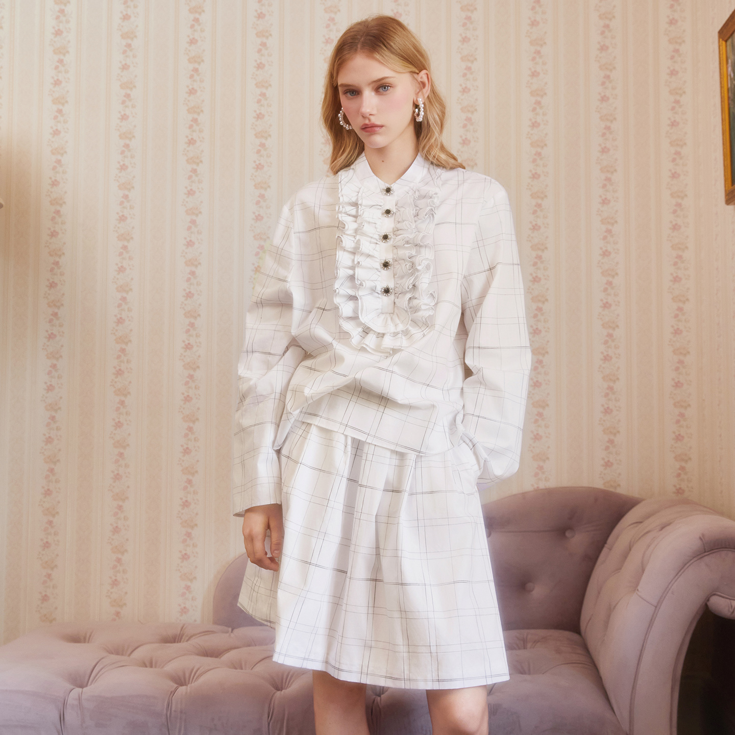 ELLIGIOI黑白格子花边立领衬衫抽褶半身群套装女2025秋季新款