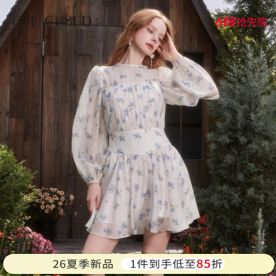 ELLIGIOI蓝白玫瑰印花圆领收腰长袖蓬蓬裙法式连衣裙女26夏季新款