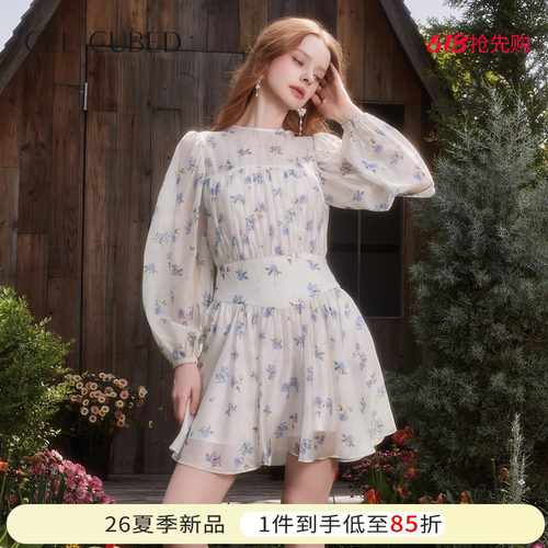 ELLIGIOI蓝白玫瑰印花圆领收腰长袖蓬蓬裙法式连衣裙女26夏季新款