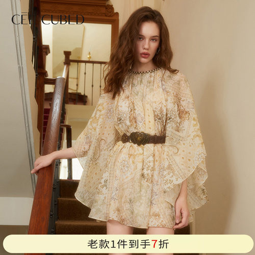 CEECUBED古典印花蝙蝠袖蓬蓬裙