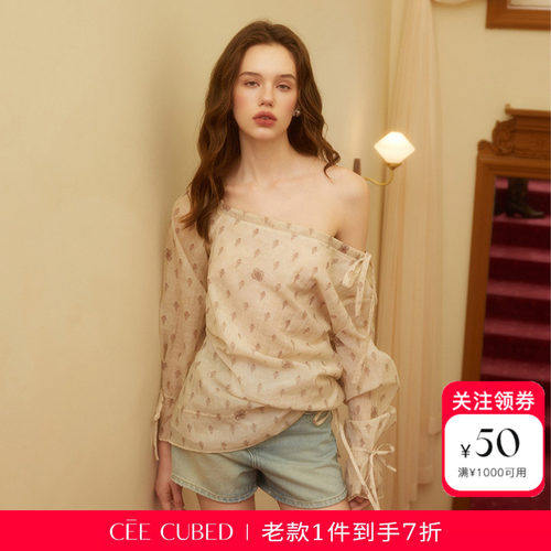 CEECUBED泡泡袖斜肩抽绳衬衫