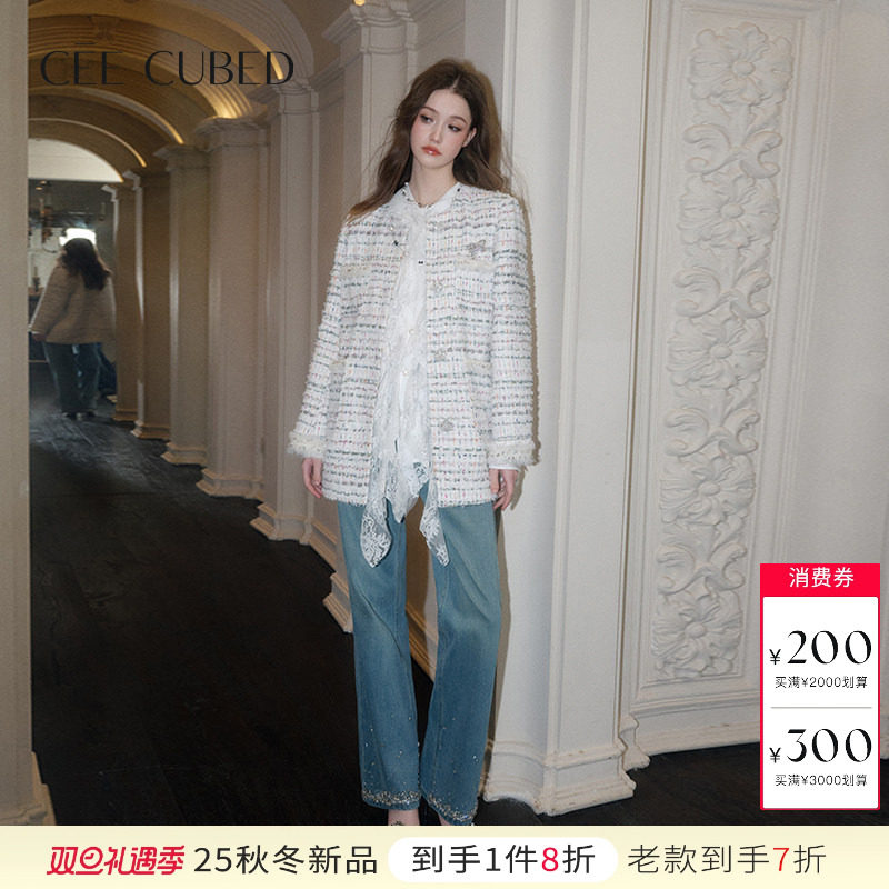 ELLIGIOI长外套花边衬衫牛仔裤