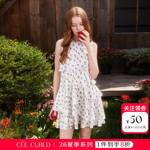 ELLIGIOI浪漫小花缎面感层叠荷叶边小A版无袖连衣裙女26夏季新款