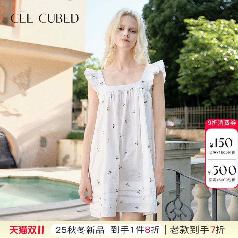 ELLIGIOI碎花刺绣小飞袖连衣裙