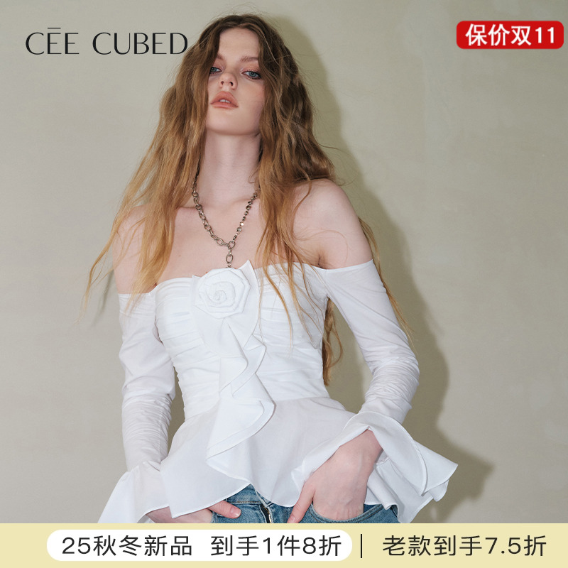 CEECUBED一字肩喇叭袖衬衫上衣