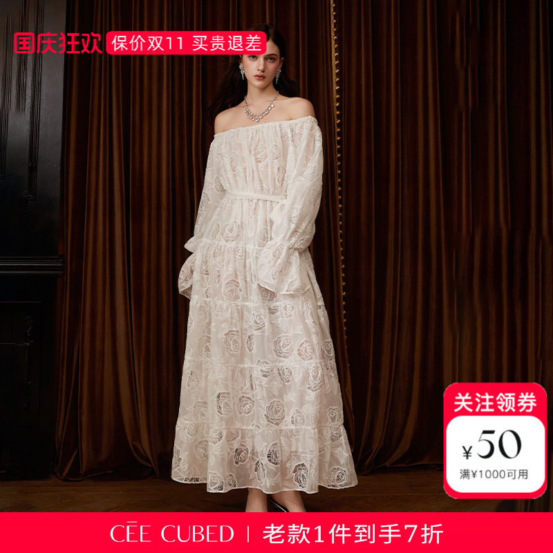 CEECUBED一字肩长袖收腰连衣裙										