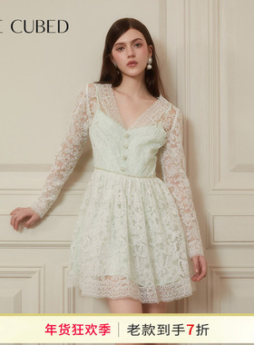 CEE CUBED浪漫盘绣蕾丝薄荷绿长袖连衣裙度假裙子女2025春季新款