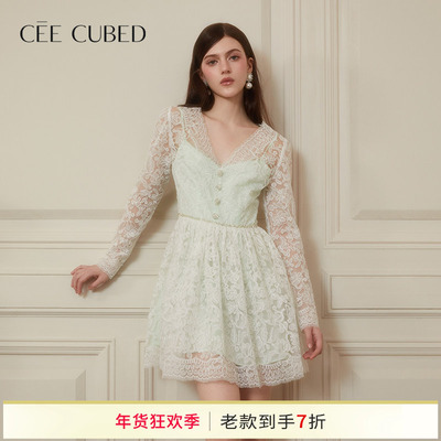 CEECUBED盘绣蕾丝长袖连衣裙