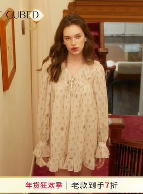 CEE CUBED红白印花泡泡袖花边减龄长袖娃娃裙连衣裙女25早秋新款