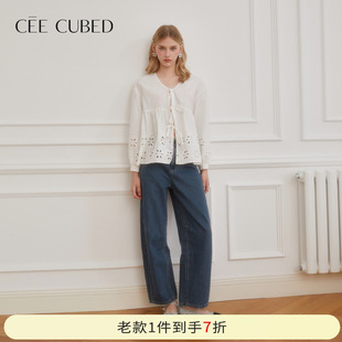 ELLIGIOI白色镂空花朵刺绣系带衬衫普兰色牛仔裤女2025秋季新款