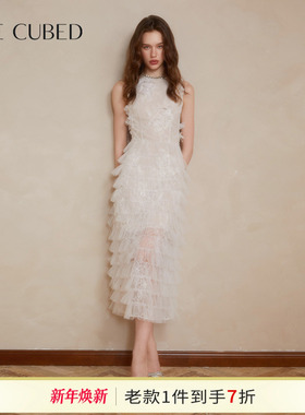 CEE CUBED白色蕾丝立体花朵珍珠钻饰无袖蛋糕裙连衣裙25早秋新款