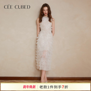 蛋糕裙连衣裙25早秋新款 CEE CUBED白色蕾丝立体花朵珍珠钻饰无袖