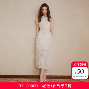 吴佳怡同款CEE CUBED白色蕾丝立体花朵珍珠钻饰无袖蛋糕裙连衣裙